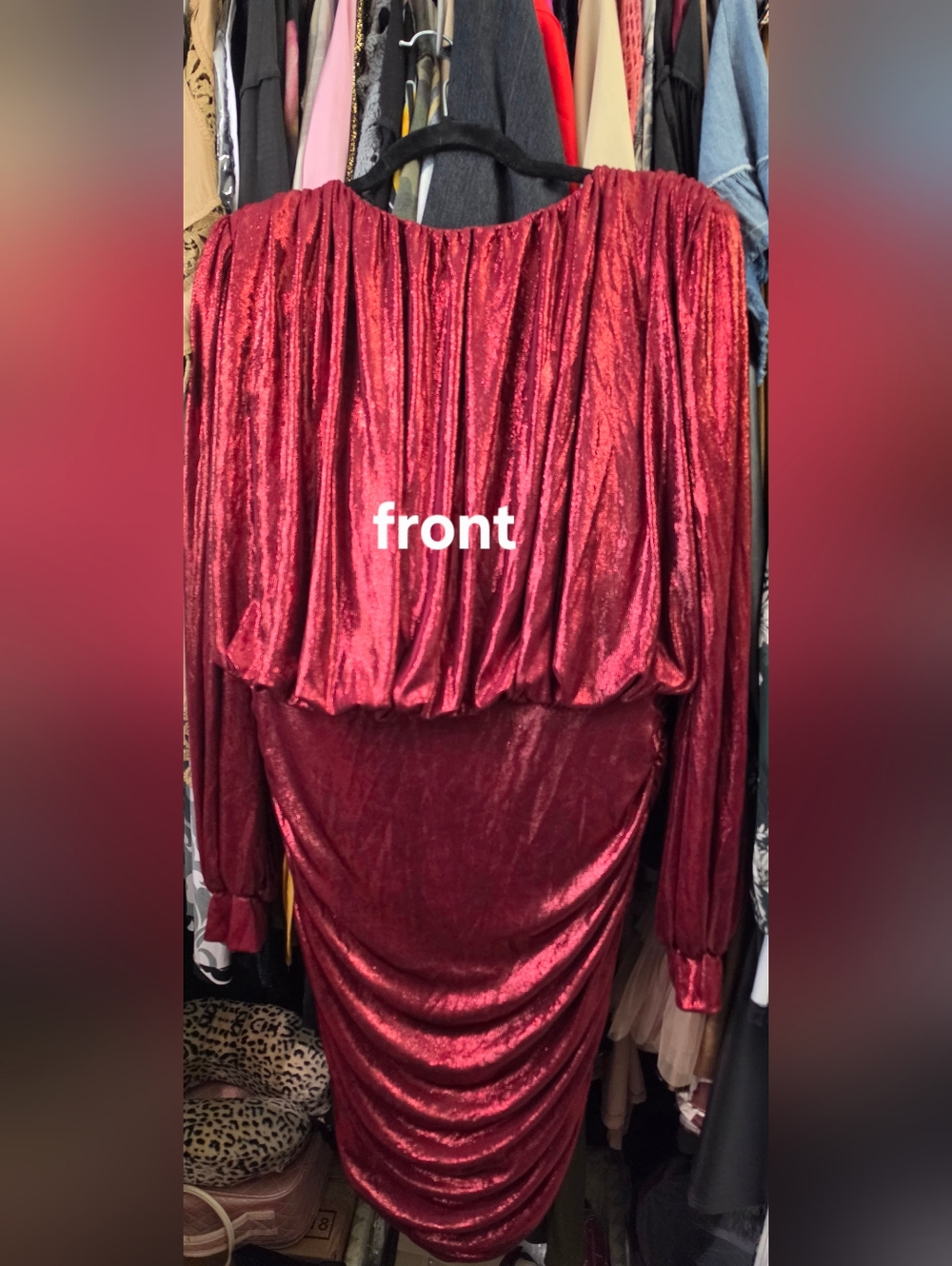 Red OR Black Metallic Draped Long-Sleeve Women’s Dress